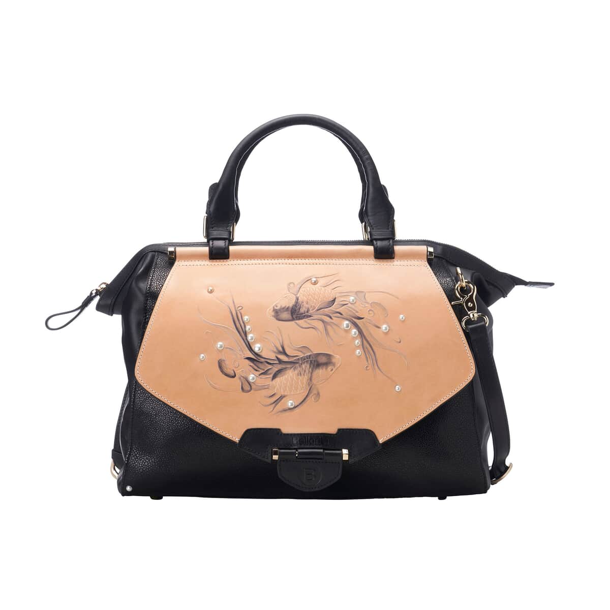 Bellorita-Koi Fish Large Black Top Grain Leather Satchel Bag for Women , Leather Purse Handbag image number 0