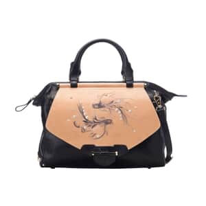 Bellorita-Koi Fish Large Black Top Grain Leather Satchel Bag for Women , Leather Purse Handbag