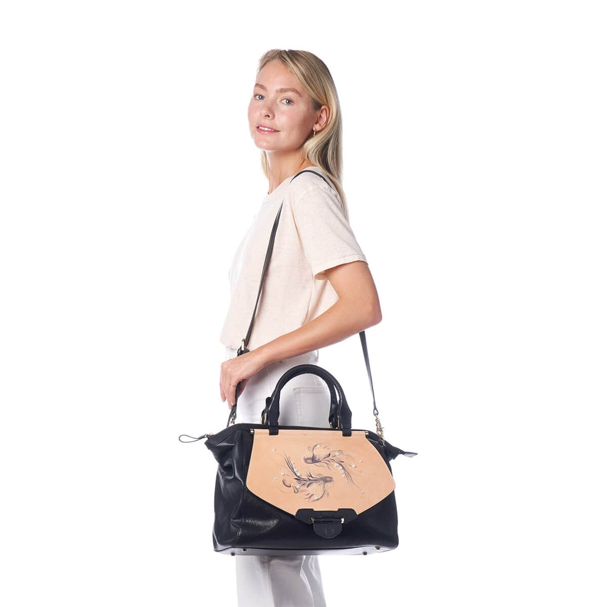 Bellorita-Koi Fish Large Black Top Grain Leather Satchel Bag for Women , Leather Purse Handbag image number 1