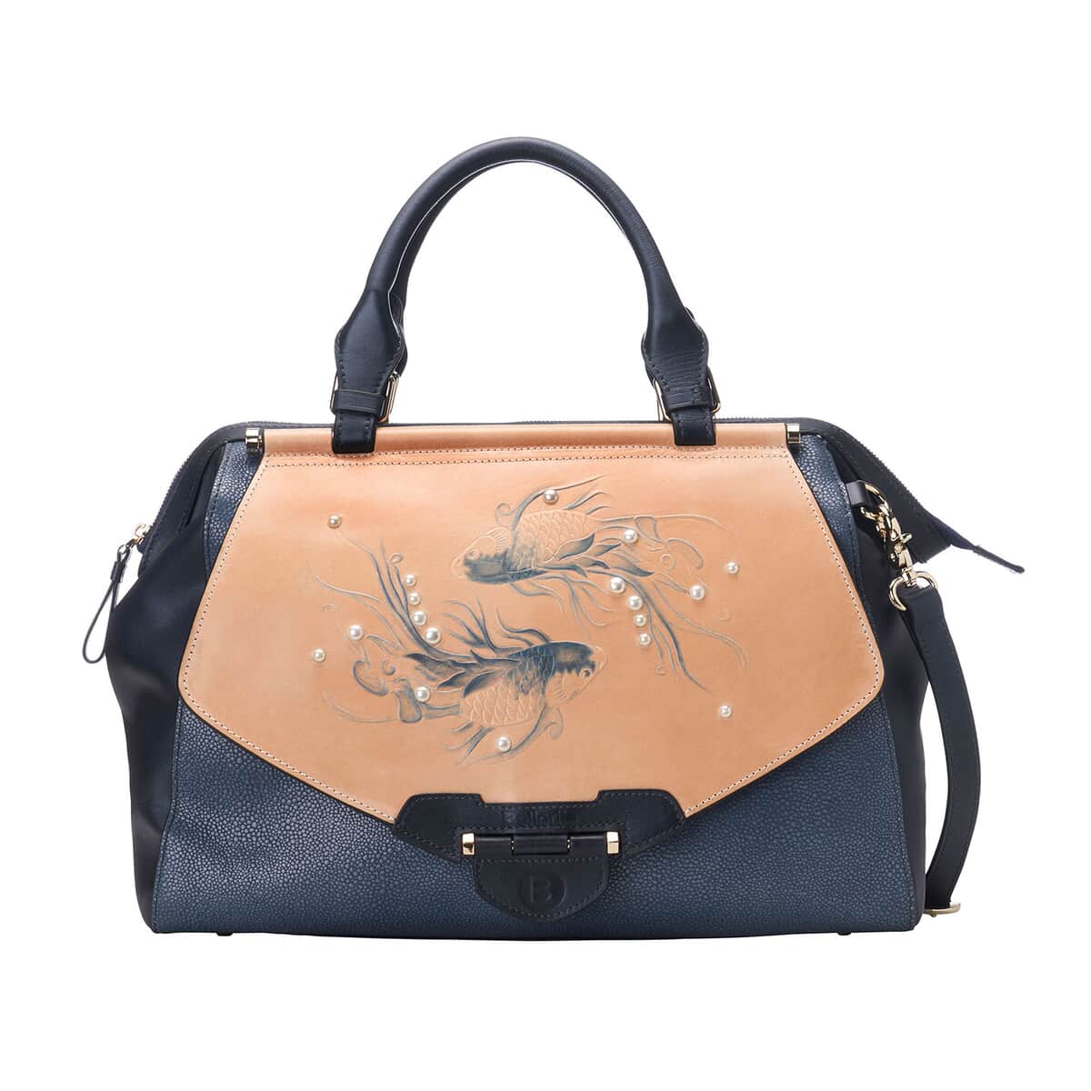 Bellorita-Koi Fish Large Blue Top Grain Leather Satchel Bag for Women , Leather Purse Handbag image number 0