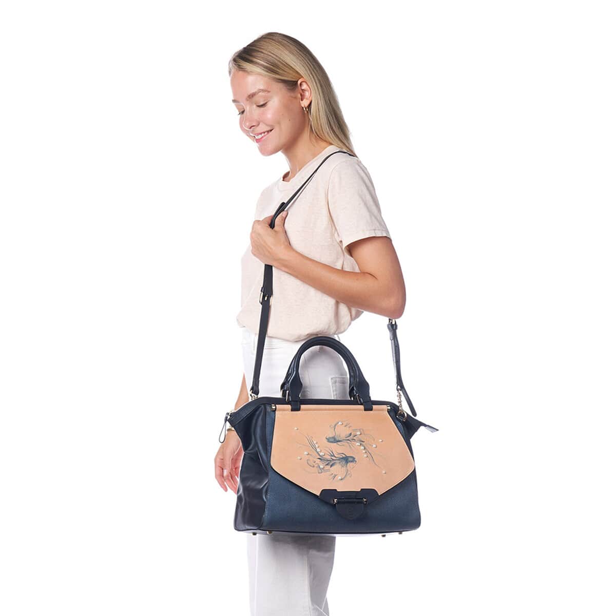 Bellorita-Koi Fish Large Blue Top Grain Leather Satchel Bag for Women , Leather Purse Handbag image number 1