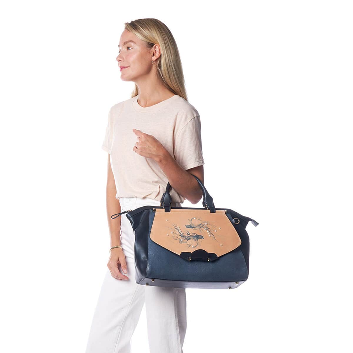 Bellorita-Koi Fish Large Blue Top Grain Leather Satchel Bag for Women , Leather Purse Handbag image number 2