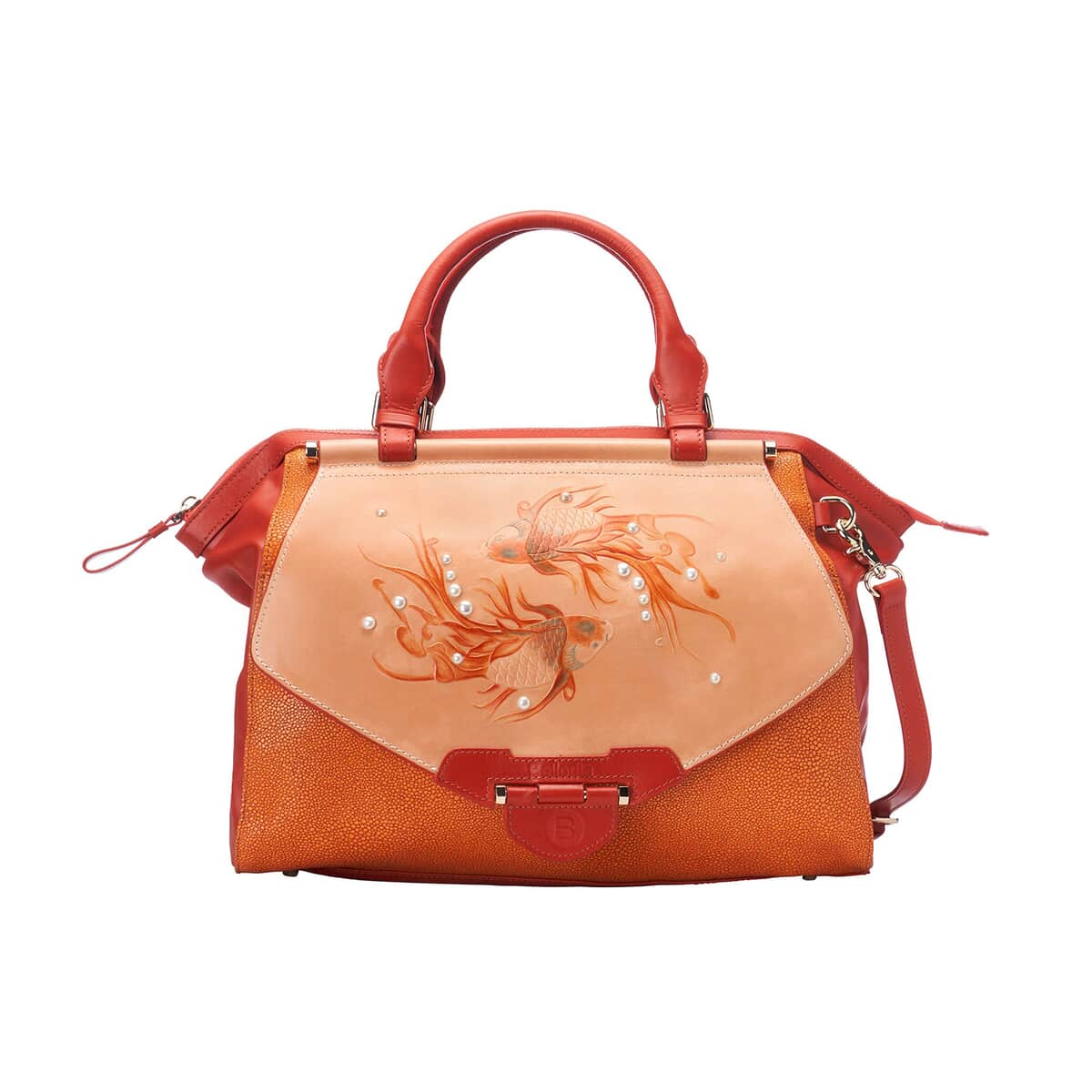 Bellorita-Koi Fish Large Orange Top Grain Leather Satchel Bag for Women | Leather Purse Handbag image number 0