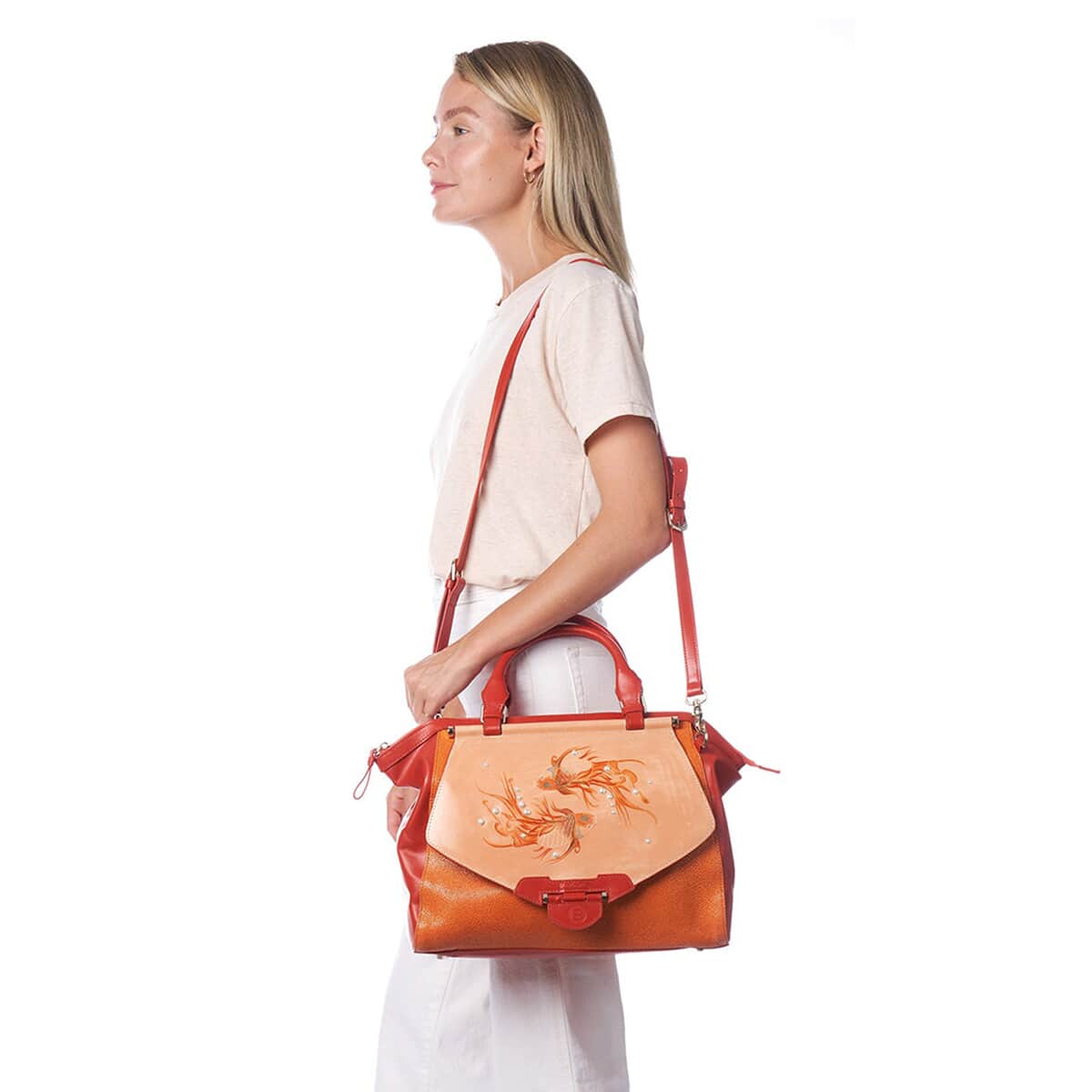 Bellorita-Koi Fish Large Orange Top Grain Leather Satchel Bag for Women | Leather Purse Handbag image number 1