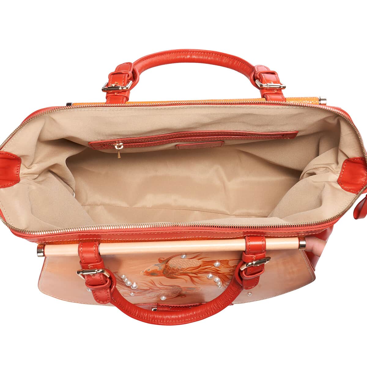 Bellorita-Koi Fish Large Orange Top Grain Leather Satchel Bag for Women | Leather Purse Handbag image number 4