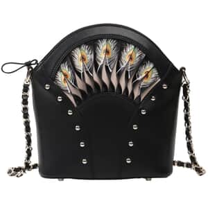 Bellorita- Peacock Feather Black Top Grain Leather Shoulder Bag for Women | Designer Leather Shoulder Bags | Leather Handbags | Leather Purse