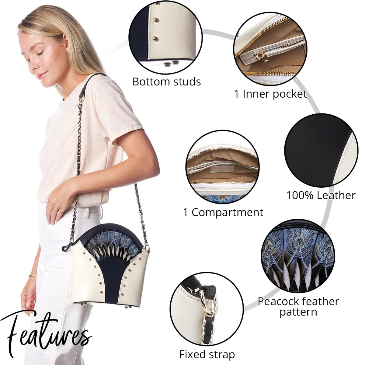 Bellorita-Peacock Feather White Top Grain Leather Shoulder Bag for Women | Designer Leather Shoulder Bags | Leather Handbags | Leather Purse image number 2