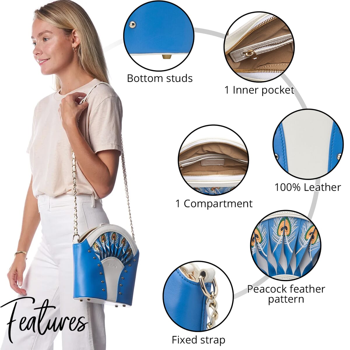 Bellorita- Peacock Feather Blue Top Grain Leather Shoulder Bag for Women | Designer Leather Shoulder Bags | Leather Handbags | Leather Purse image number 2