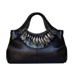 Bellorita-Peacock Feather Black Top Grain Leather Tote for Women | Women's Designer Tote Bags | Leather Handbags | Leather Purse