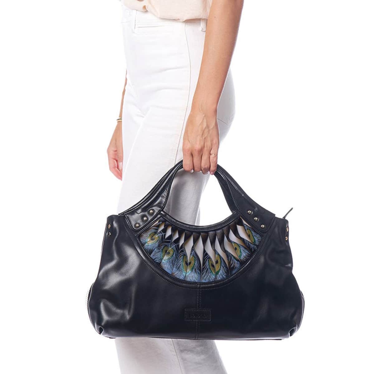 Bellorita-Peacock Feather Black Top Grain Leather Tote for Women | Women's Designer Tote Bags | Leather Handbags | Leather Purse image number 2