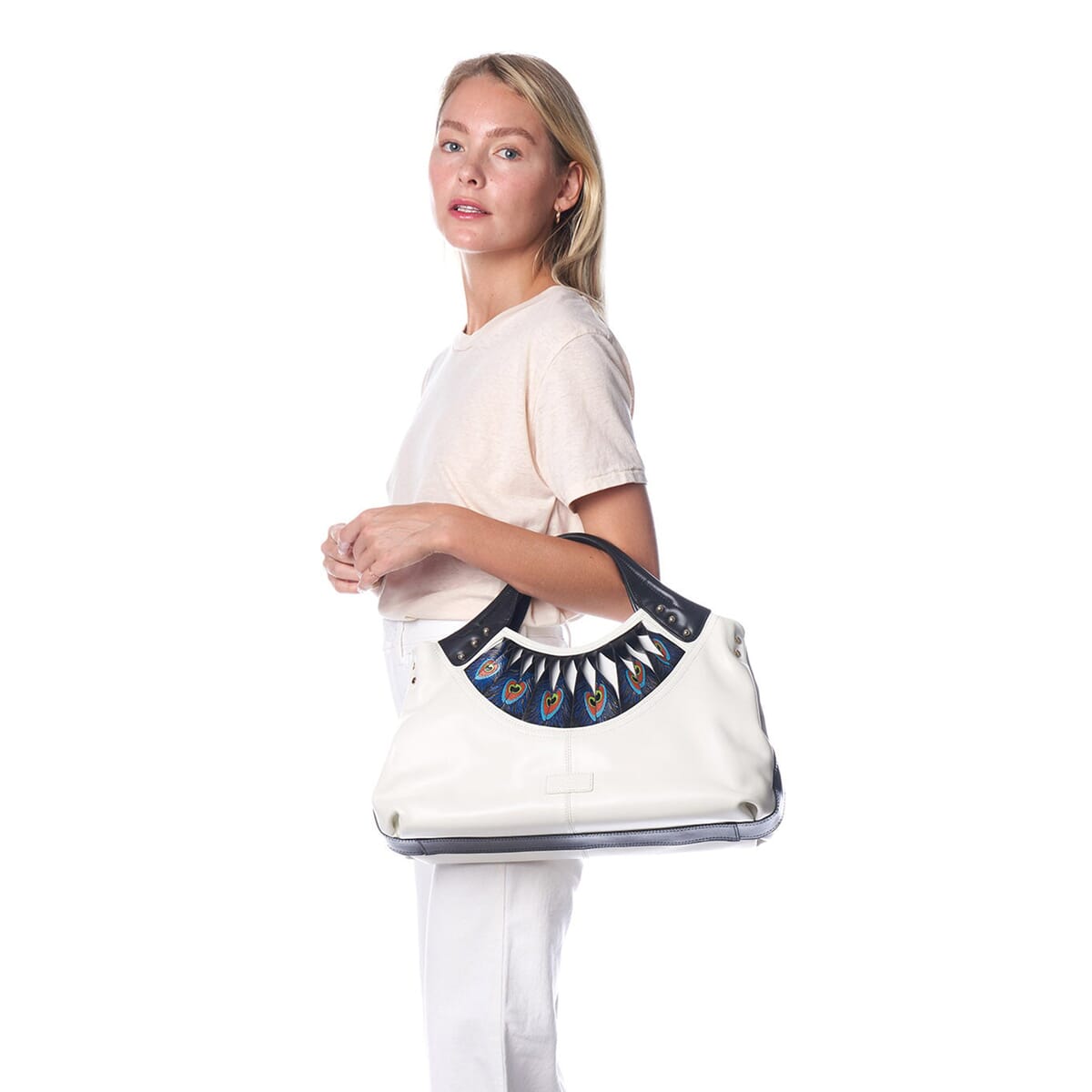 Bellorita-Peacock Feather White Top Grain Leather Tote for Women | Women's Designer Tote Bags | Leather Handbags | Leather Purse image number 1