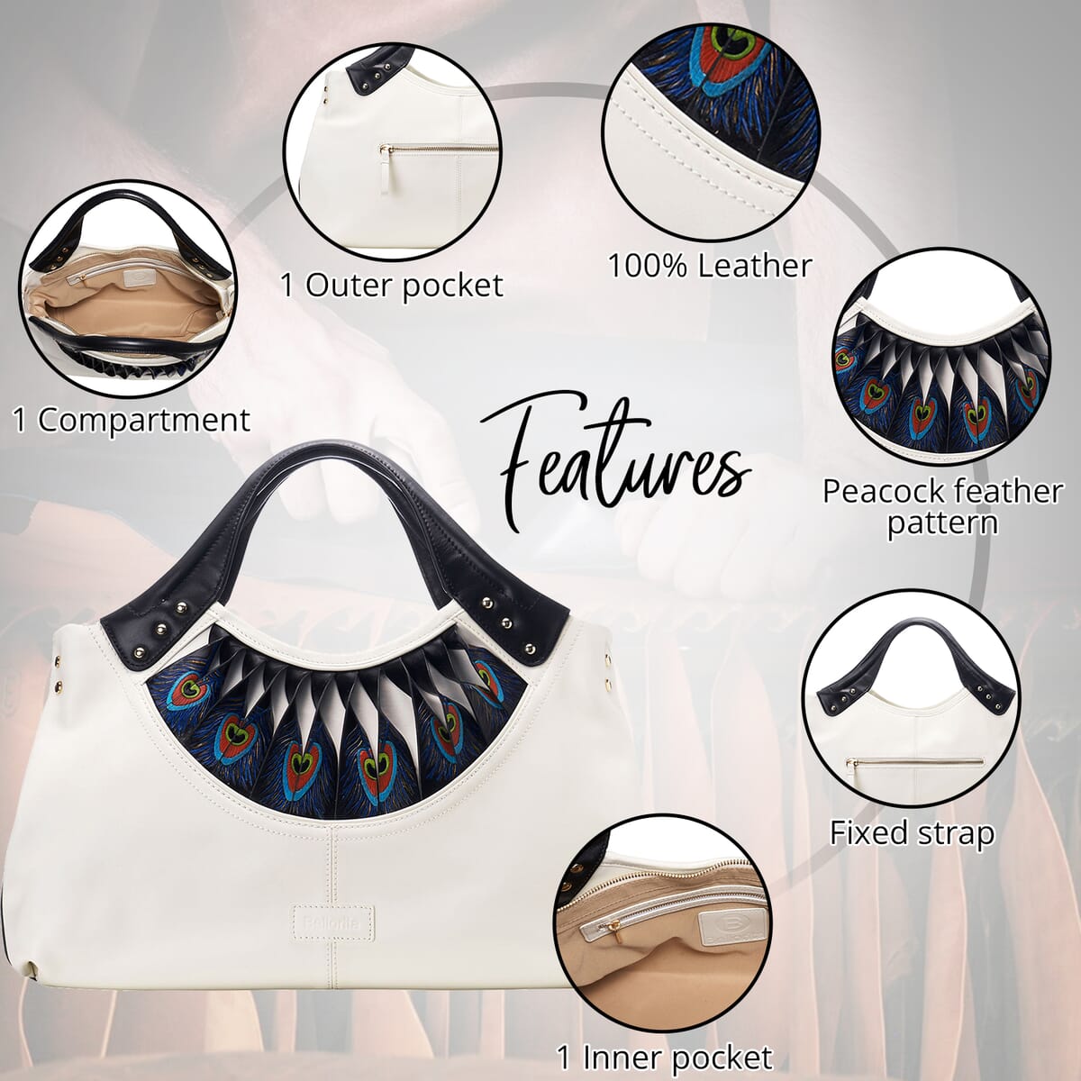 Bellorita-Peacock Feather White Top Grain Leather Tote for Women | Women's Designer Tote Bags | Leather Handbags | Leather Purse image number 3