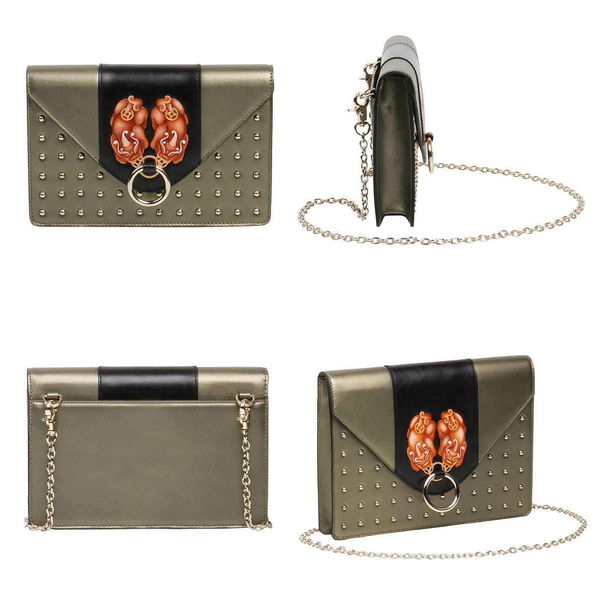 Bellorita- Pixiu Green Leather Crossbody Clutch with Chain Strap | Clutches for Women | Leather Handbag | Clutch Purse image number 6