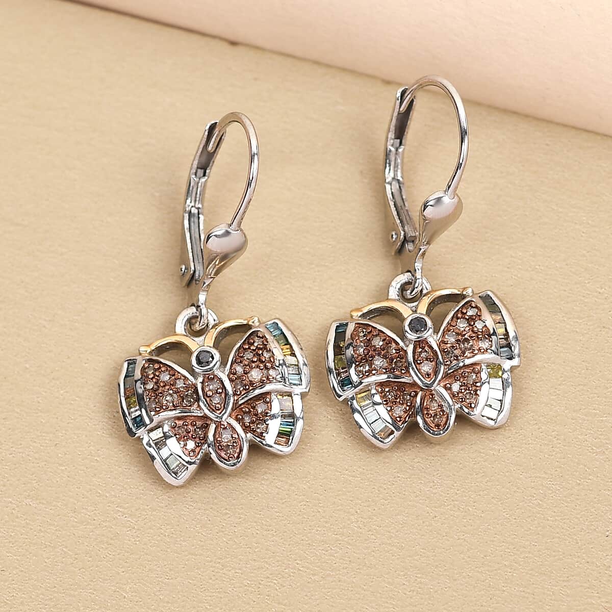 GP Italian Garden Collection Multi Diamond Lever Back Butterfly Earrings in Platinum Over Sterling Silver 0.60 ctw image number 1