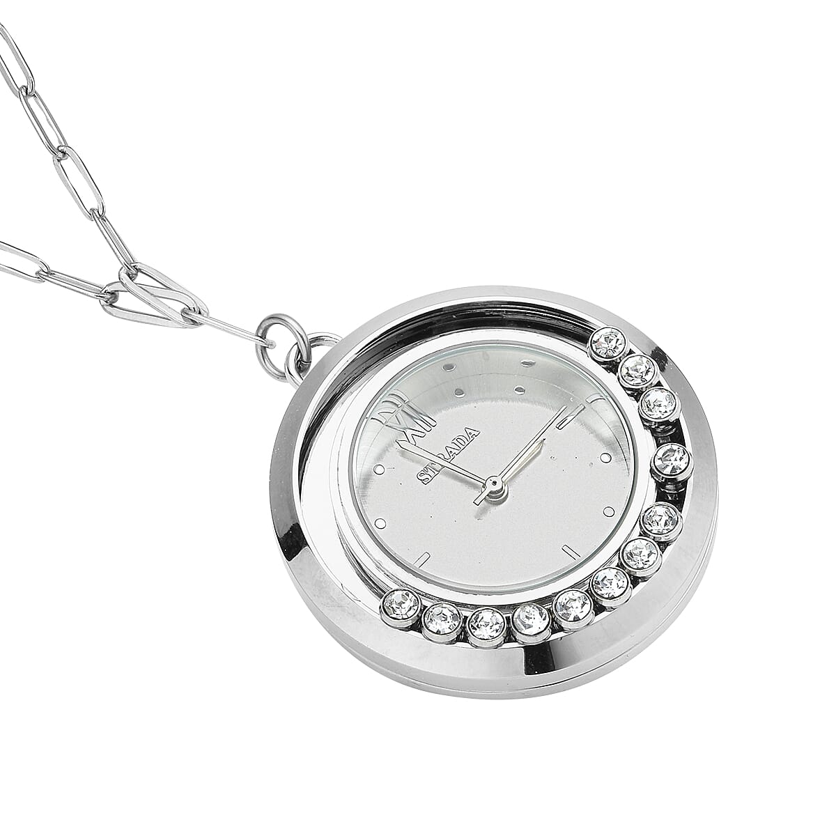 Strada Japanese Movement Moving Austrian Crystal Watch Pendant with Stainless Steel Paper Clip Chain (up to 27 Inches)
