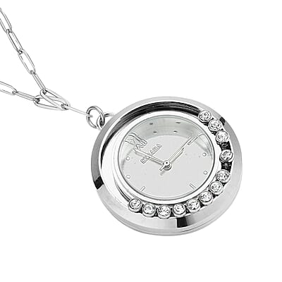 Strada Japanese Movement Moving Austrian Crystal Watch Pendant with Stainless Steel Paper Clip Chain (up to 27 Inches)