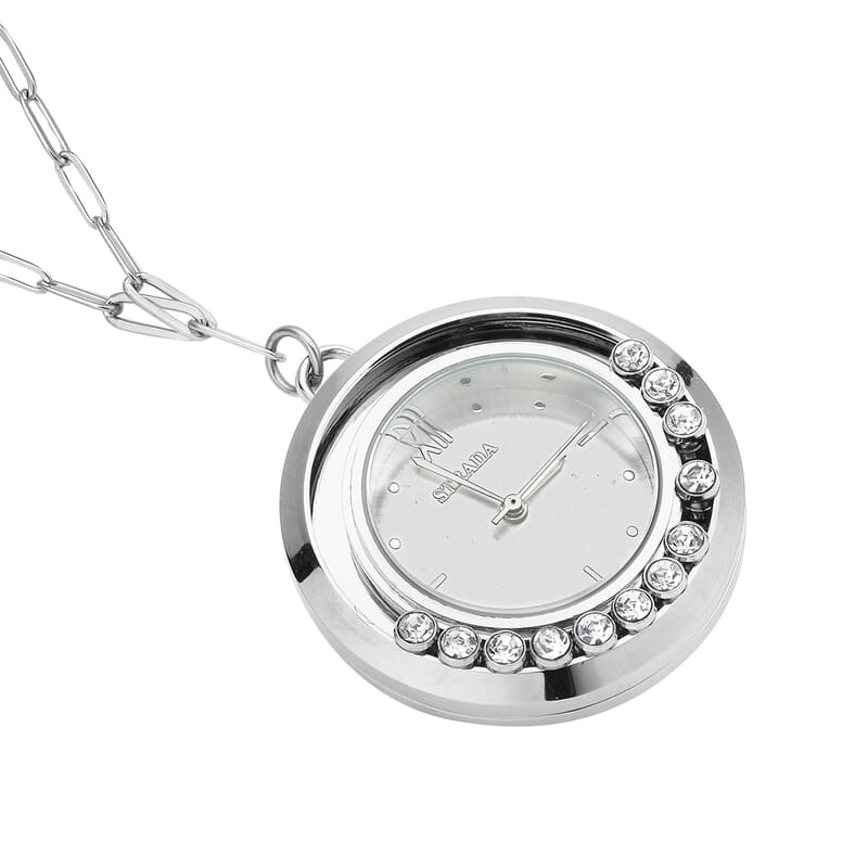 Strada Japanese Movement Moving Austrian Crystal Watch Pendant with Stainless Steel Paper Clip Chain (up to 27 Inches)