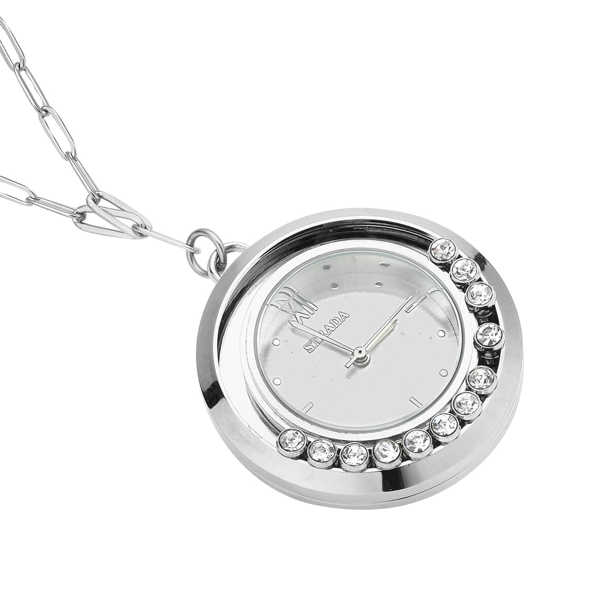 STRADA Japanese Movement Moving Austrian Crystal Small Pocket Watch with Stainless Steel Paper Clip Chain (27-30 Inches) image number 2