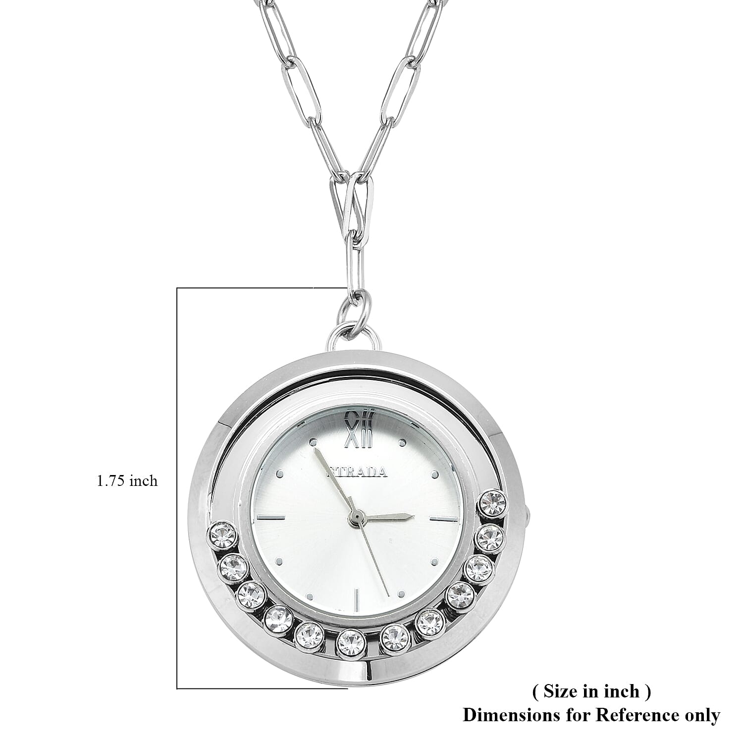 Strada Japanese Movement Moving Austrian Crystal Watch Pendant with Stainless Steel Paper Clip Chain (up to 27 Inches)