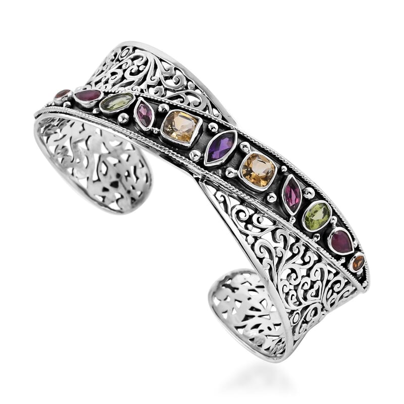 Bali Legacy Amethyst and Multi Gemstone Cuff Bracelet in Sterling Silver (7.25 in) 6.10 ctw