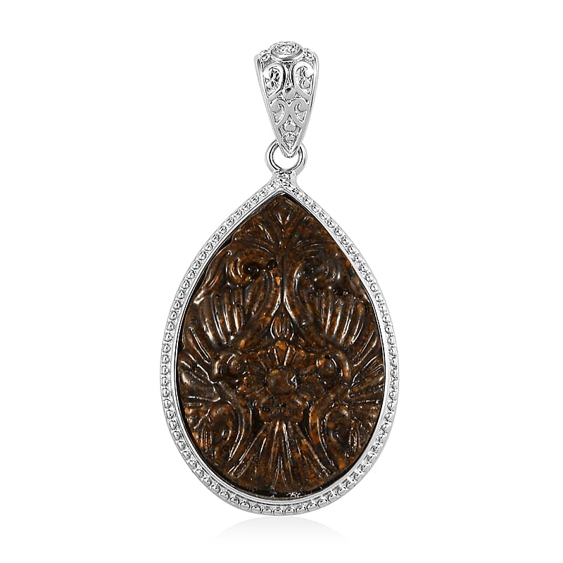 Freshened Tigers Eye Carved Fancy Pendant without Chain in Platinum Over Copper with Magnet 12.20 ctw