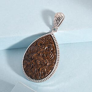 Freshened Tigers Eye Carved Fancy Pendant without Chain in Platinum Over Copper with Magnet 12.20 ctw