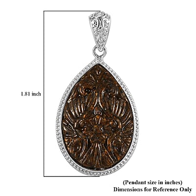 Freshened Tigers Eye Carved Fancy Pendant without Chain in Platinum Over Copper with Magnet 12.20 ctw
