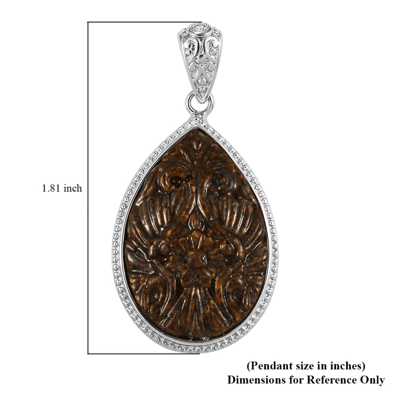 Freshened Tigers Eye Carved Fancy Pendant without Chain in Platinum Over Copper with Magnet 12.20 ctw