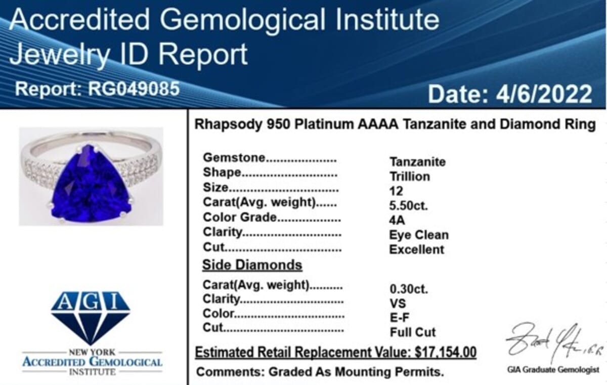 Certified Rhapsody AAAA Tanzanite and E-F VS Diamond 5.80 ctw Solitaire Ring in 950 Platinum (Size 6.0) 6.10 Grams image number 5
