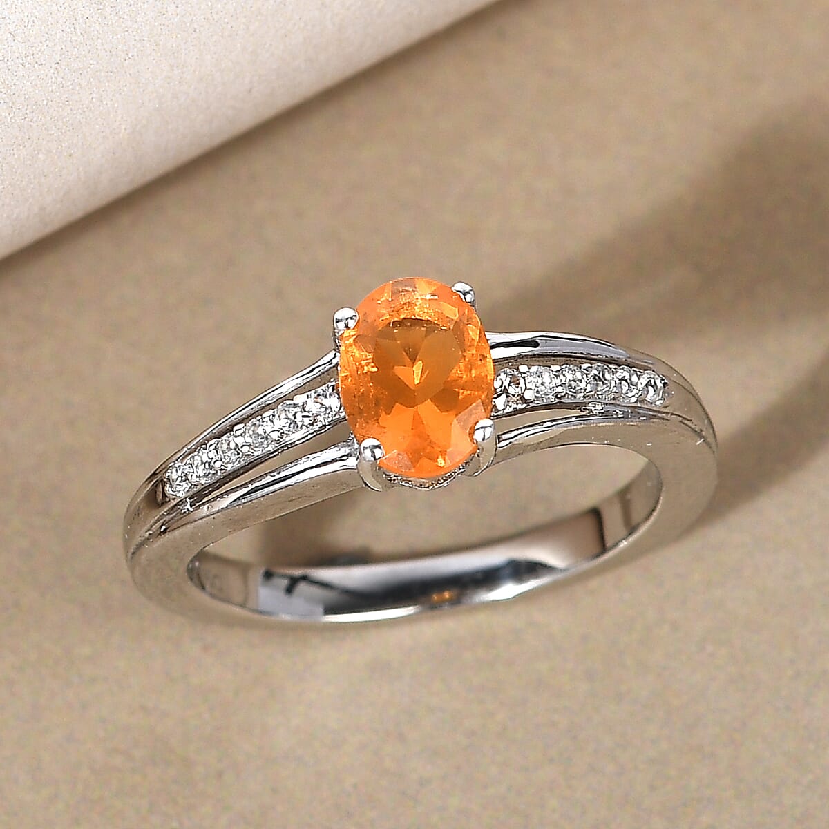 Jalisco Fire Opal and Natural White Zircon Ring in Platinum Over Sterling Silver 0.65 ctw image number 1
