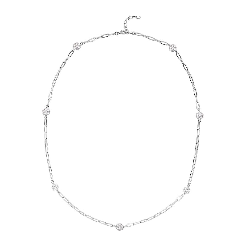 Simulated Diamond Paper Clip Chain Station Necklace 28-30 inches in Silvertone