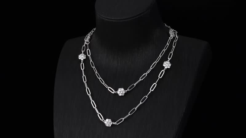 Simulated Diamond Paper Clip Chain Station Necklace 28 inches in Silvertone