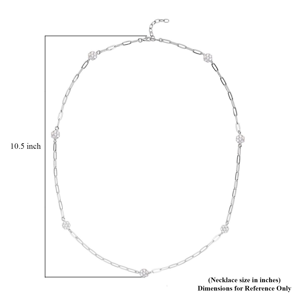 Simulated Diamond Paper Clip Chain Station Necklace 28-30 inches in Silvertone