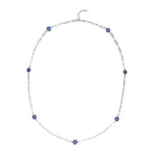Simulated Tanzanite Color Diamond Paper Clip Chain Station Necklace 28-30 inches in Silvertone