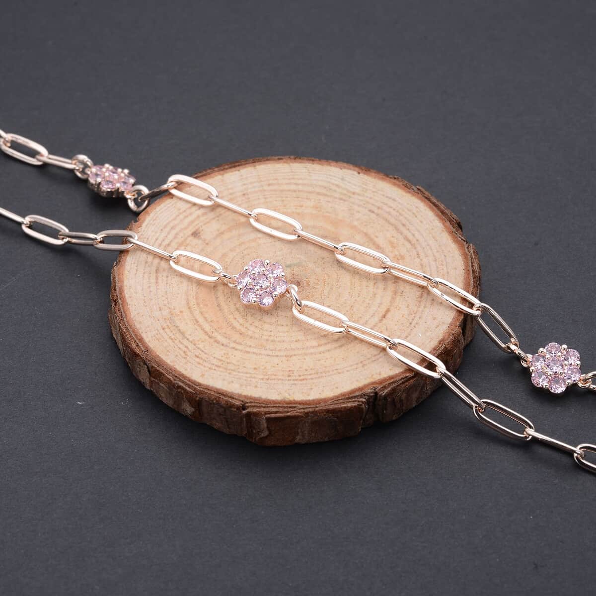 Simulated Pink Diamond Paper Clip Chain Station Necklace 28-30 inches in Rosetone image number 1