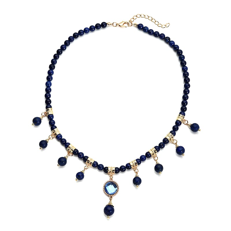 Lapis Lazuli and Blue Glass Beaded Station Necklace 18-20 Inches in Goldtone 165.00 ctw
