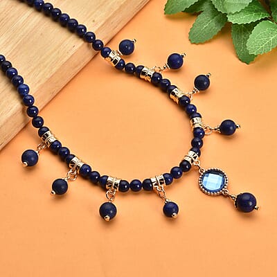 Lapis Lazuli and Blue Glass Beaded Station Necklace 18-20 Inches in Goldtone 165.00 ctw