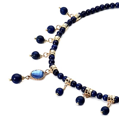 Lapis Lazuli and Blue Glass Beaded Station Necklace 18-20 Inches in Goldtone 165.00 ctw