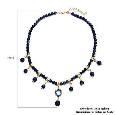 Lapis Lazuli and Blue Glass Beaded Station Necklace 18-20 Inches in Goldtone 165.00 ctw