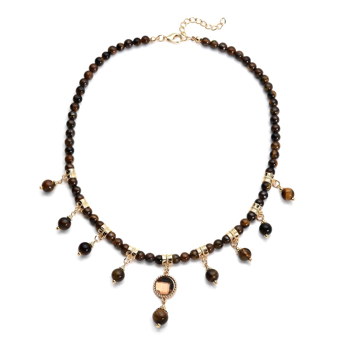 Yellow Tiger's Eye and Champagne Glass Beaded Station Necklace 18-20 Inches in Goldtone 165.00 ctw image number 0