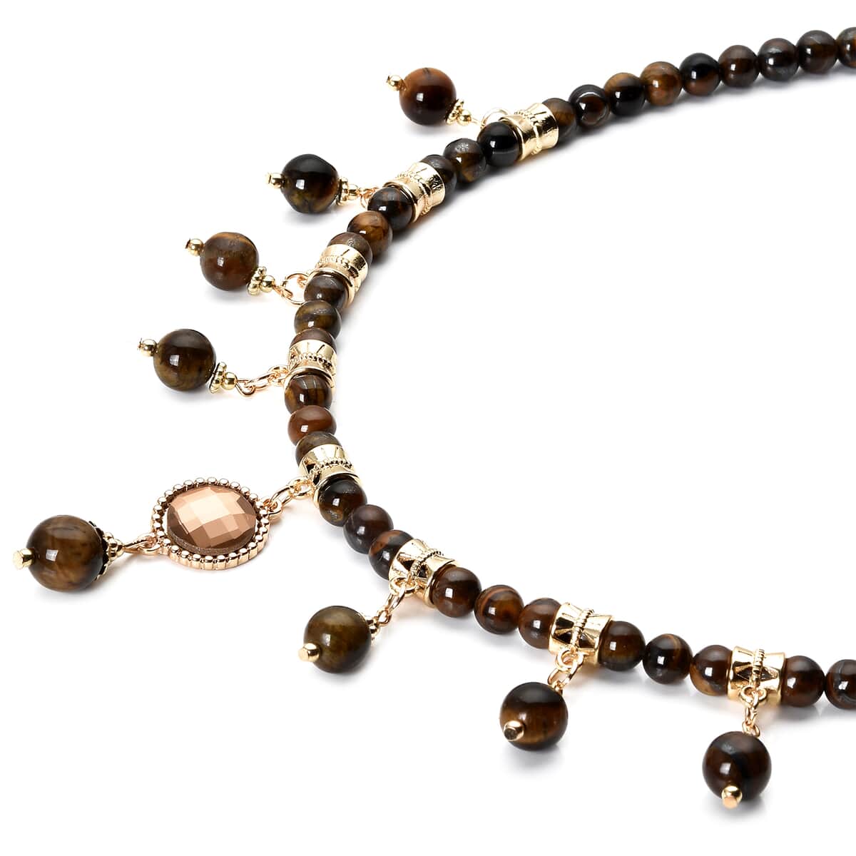 Yellow Tiger's Eye and Champagne Glass Beaded Station Necklace 18-20 Inches in Goldtone 165.00 ctw image number 2