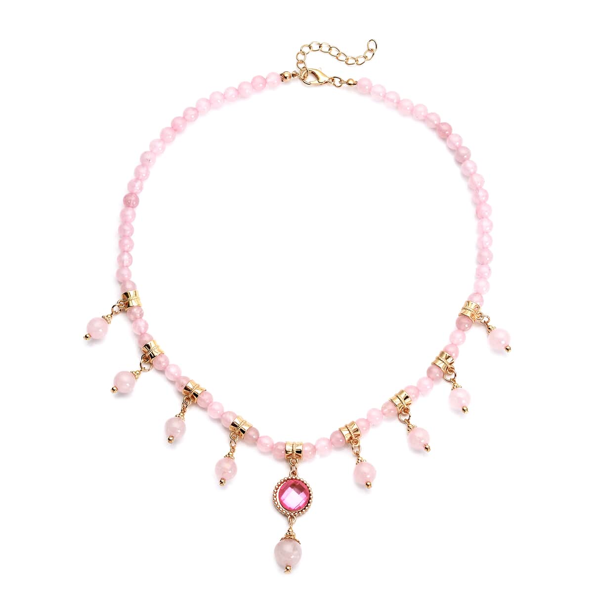 Galilea Rose Quartz and Pink Glass Beaded Station Necklace 18-20 Inches in Goldtone 165.00 ctw image number 0