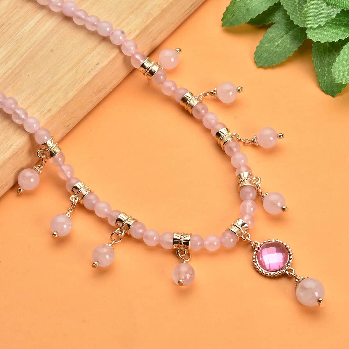 Galilea Rose Quartz and Pink Glass Beaded Station Necklace 18-20 Inches in Goldtone 165.00 ctw image number 1