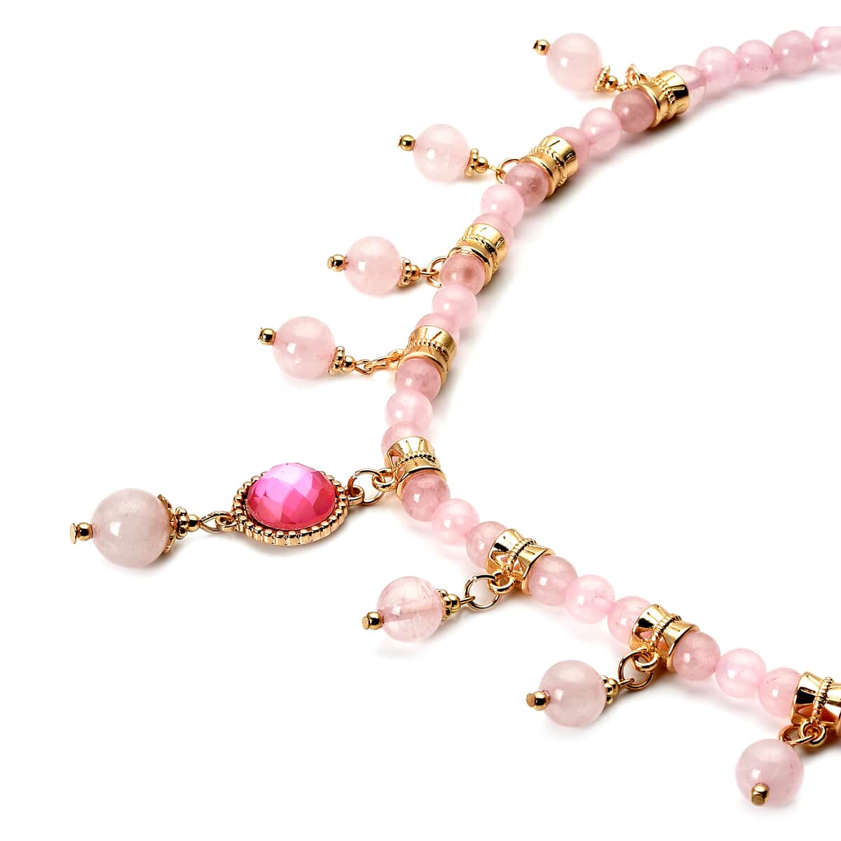 Galilea Rose Quartz and Pink Glass Beaded Station Necklace 18-20 Inches in Goldtone 165.00 ctw image number 2