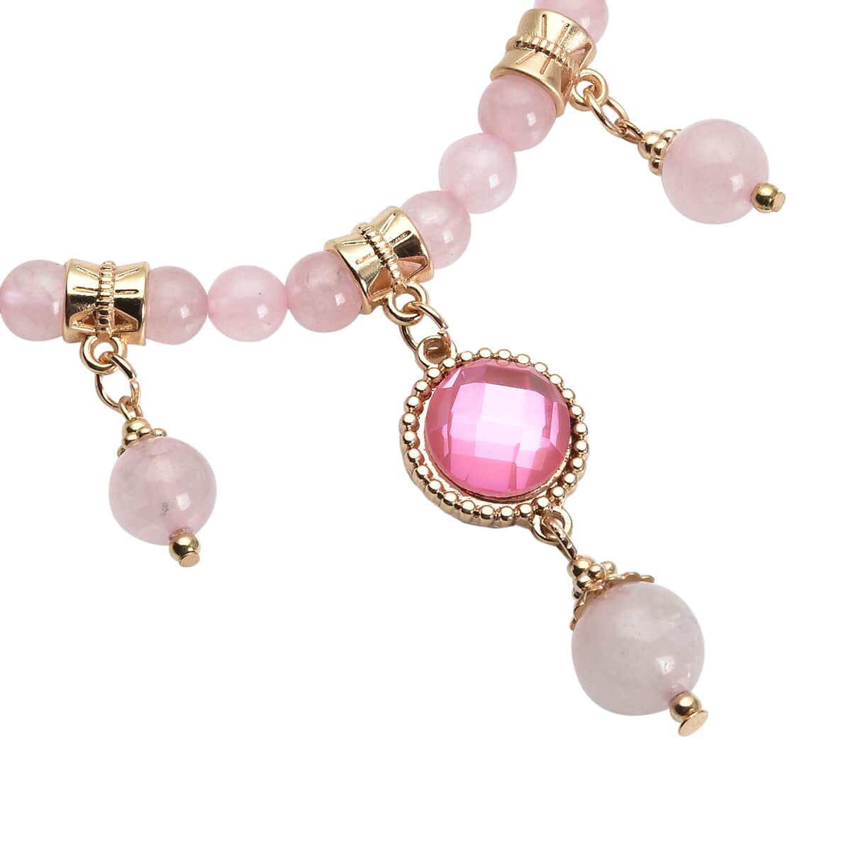 Galilea Rose Quartz and Pink Glass Beaded Station Necklace 18-20 Inches in Goldtone 165.00 ctw image number 3