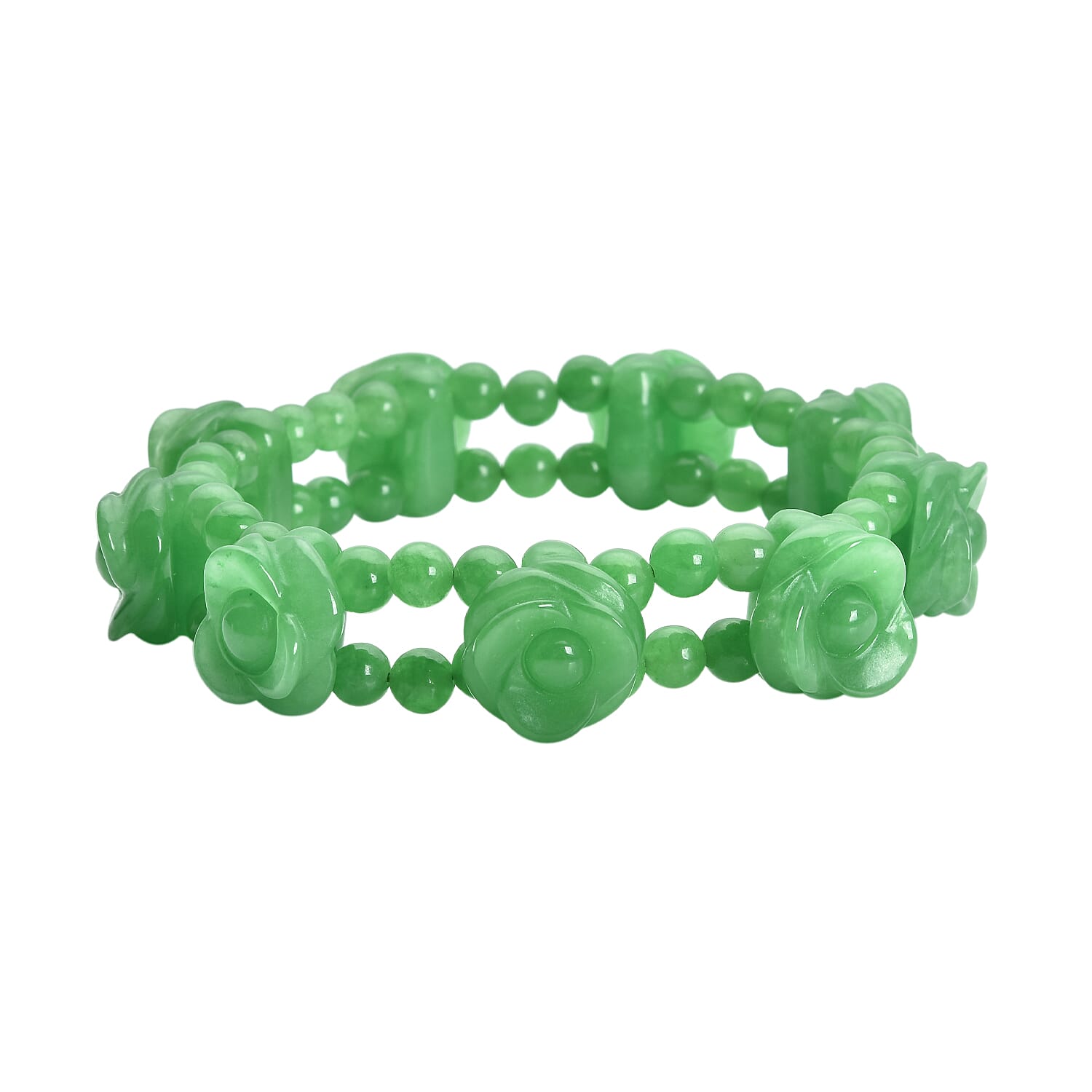 BLAKE SPECIAL Green Jade Carved Rose Flower Beaded Stretch Bracelet 240.00 ctw
