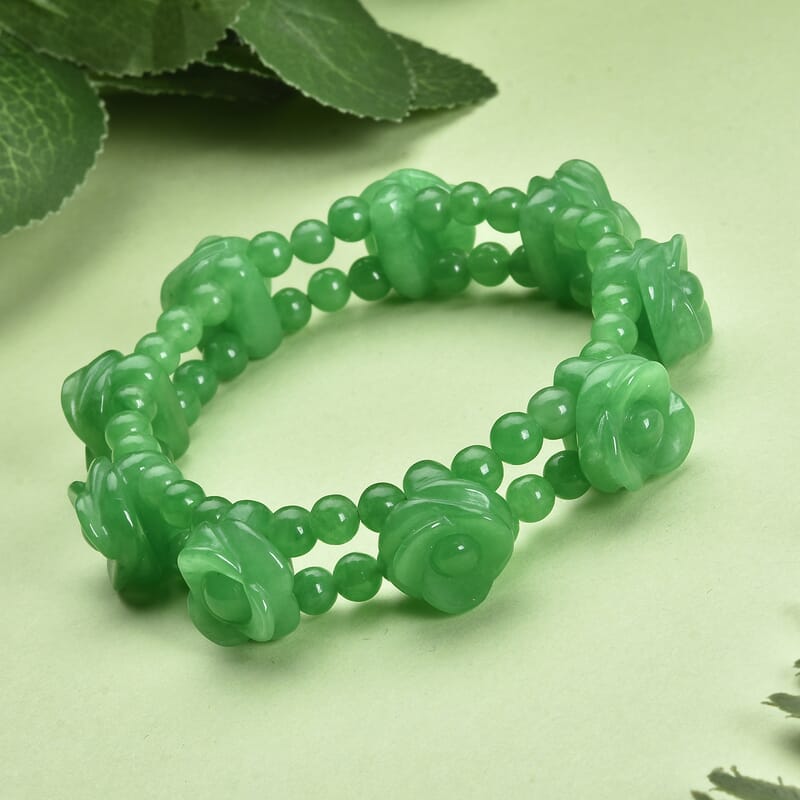 BLAKE SPECIAL Green Jade Carved Rose Flower Beaded Stretch Bracelet 240.00 ctw