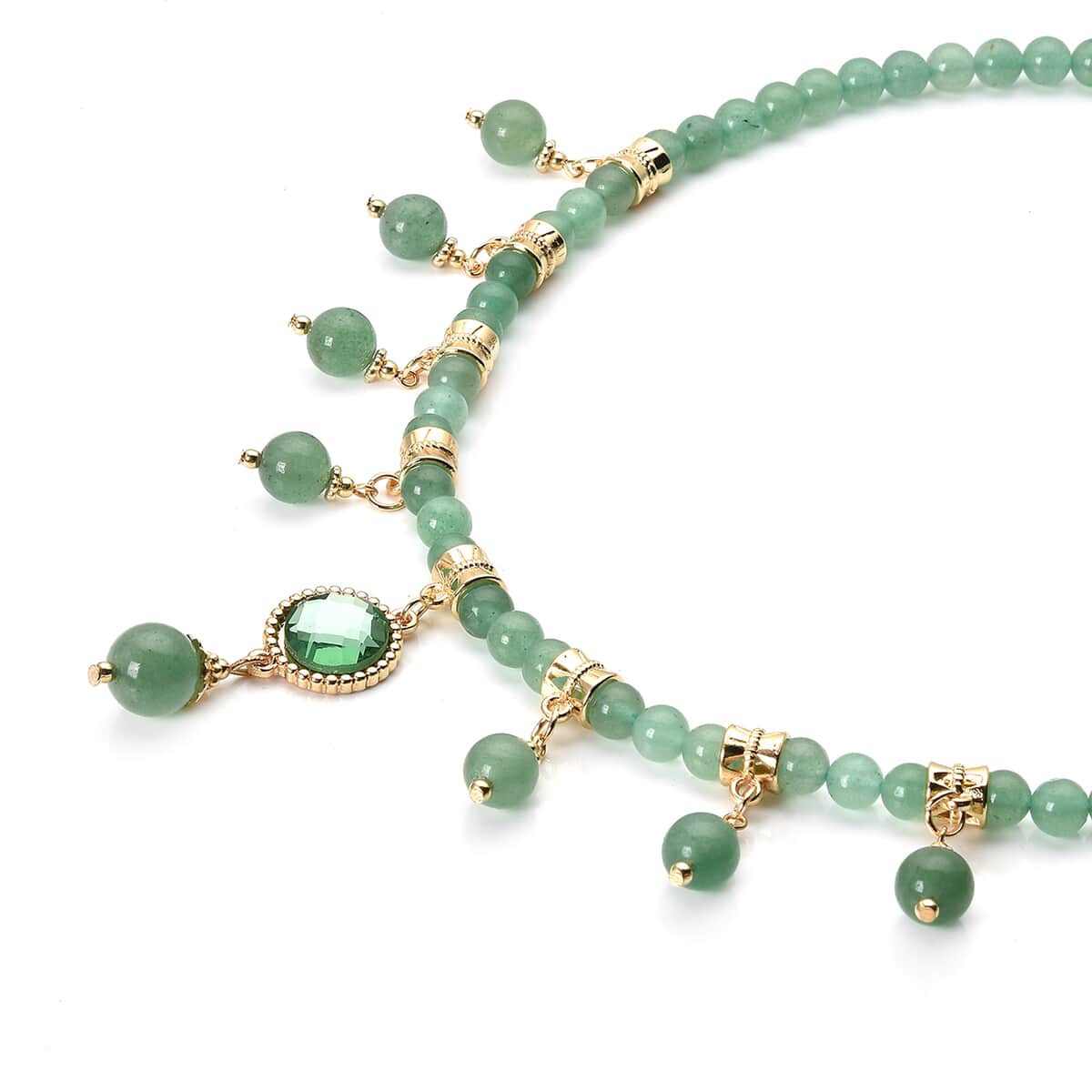 Green Aventurine and Green Glass Beaded Station Necklace 18-20 Inches in Goldtone 165.00 ctw image number 2