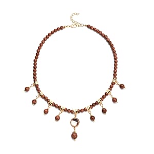 Gold Sandstone and Peach Glass Beaded Station Necklace 18-20 Inches in Goldtone 165.00 ctw