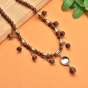 Gold Sandstone and Peach Glass Beaded Station Necklace 18-20 Inches in Goldtone 165.00 ctw